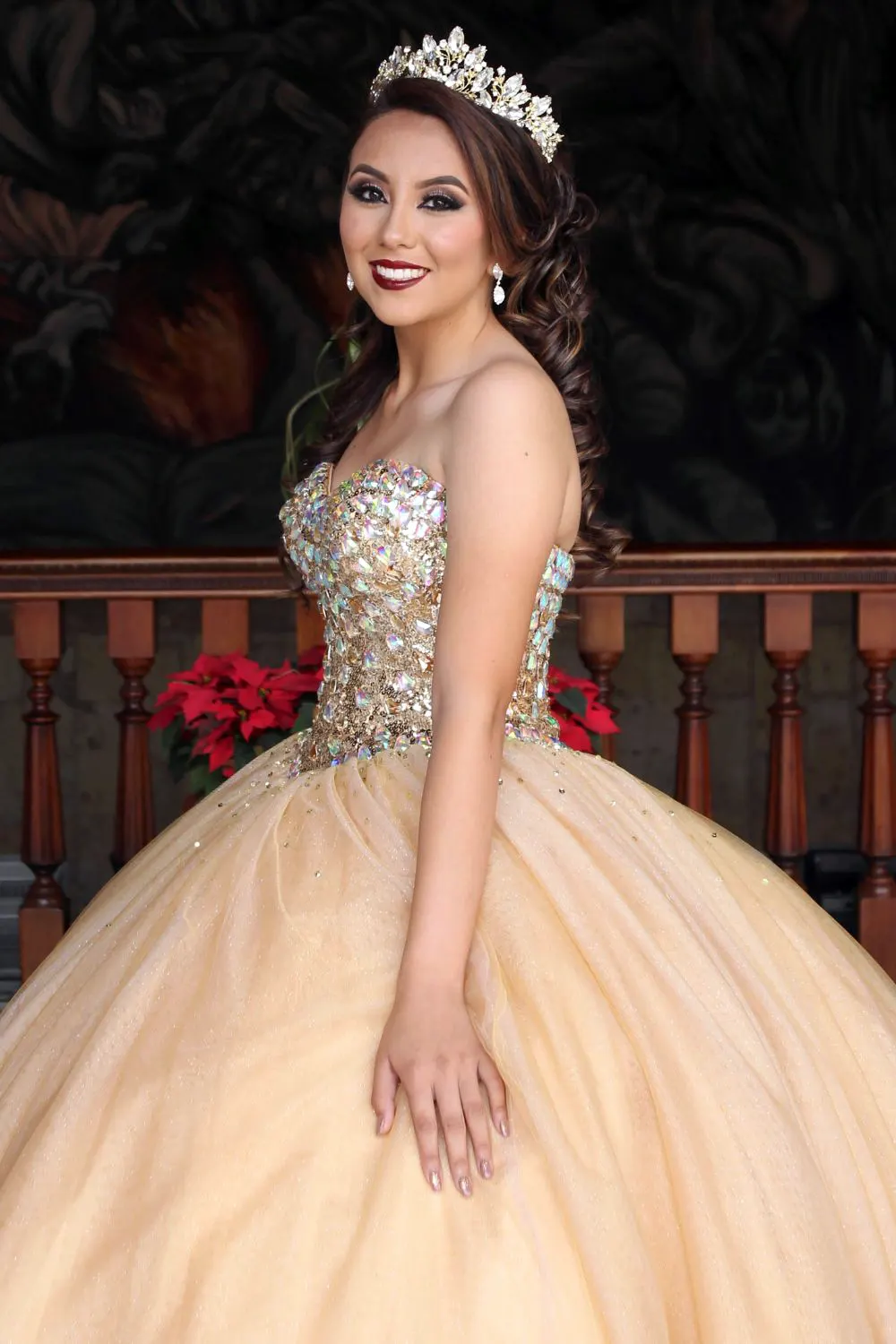 Lady Smiling in Her Beige Gown and Wearing a Tiara