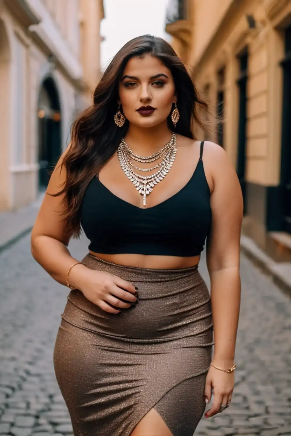 Girl wearing a simple skirt and dazzling necklaces