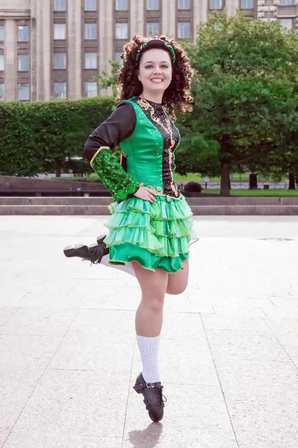 Woman in irish dance dress