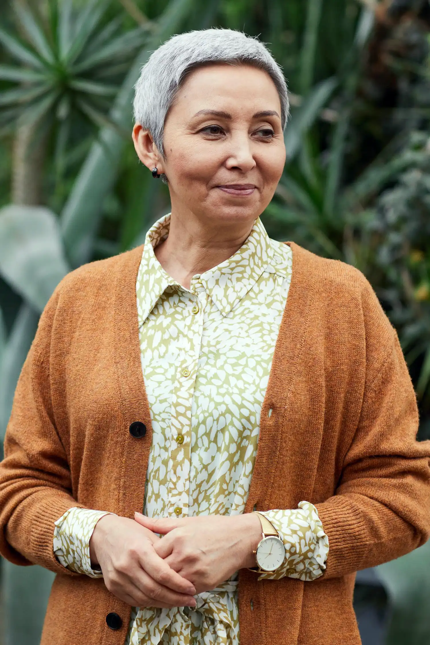 Woman in Brown Cardigan Smiling