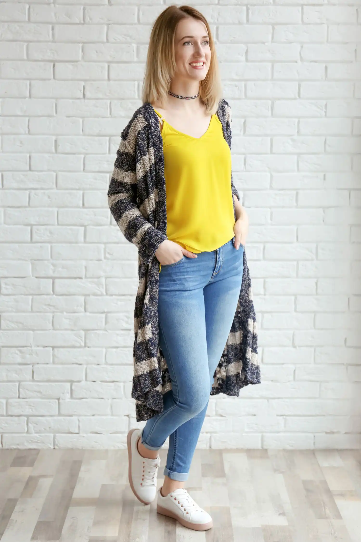 Young Woman in Striped Cardigan